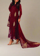 DEEP CLARET– Embroidered Chiffon Unstitched 3Pc Suit.